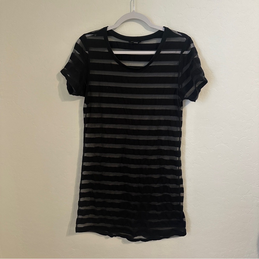Hurley Black Sheer Striped Short Sleeve Cover Up Dress Swimwear Scoop Neck